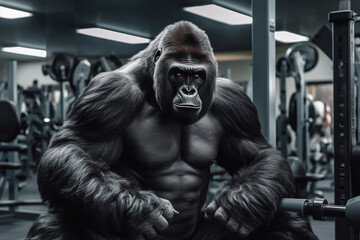 Fototapeta premium Bodybuilding Gorilla in Gym.. Powerlifter Beast. Generated AI
