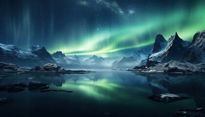 View of night sky with multicolored aurora borealis and snowy mountains peak background. Night glows in vibrant aurora reflection on the lake with forest. 