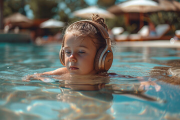 Kleines Mädchen mit Kopfhörern im Schwimmbad