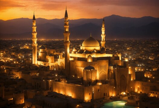 The mosque is bathed in the soft glow of a crescent
