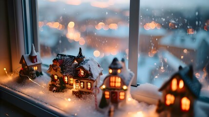 a window sill filled with small houses covered in snow