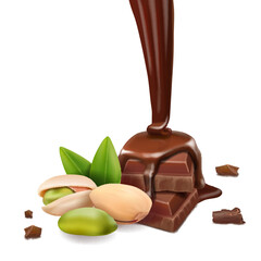 Liquid pouring chocolate Broken chocolate bars with Pistachio nuts on white background, 3d realistic vector