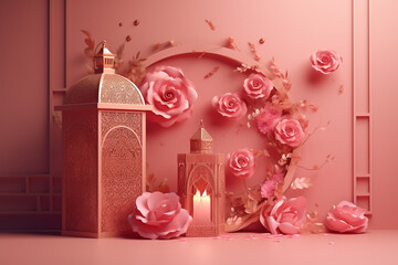 3d rendering of Ramadan Kareem background with mosque and flowers.