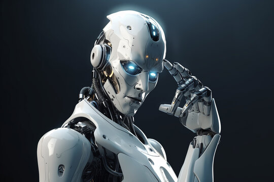 3d rendering humanoid robot with finger pointing up on dark black background