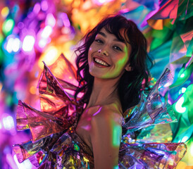
A smiling, fashionable woman, a brunette, shines in a unique sculptural dress made from pieces of colored plastic, while a neon wall in the background creates a vibrant scene.