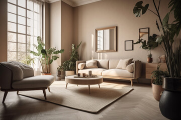 interior with sofa and plant. 3d render illustration mock up