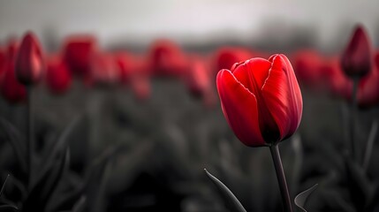 a single red tulip in a field of red flowers