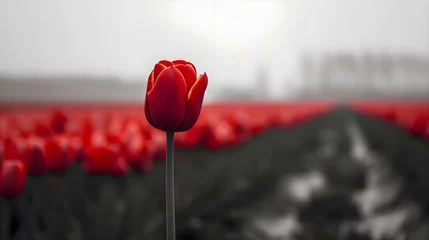 Muurstickers a single red tulip in a field of red flowers © KWY