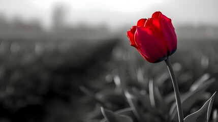 a single red tulip in a black and white photo - obrazy, fototapety, plakaty