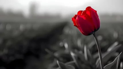 Fotobehang a single red tulip in a black and white photo © KWY