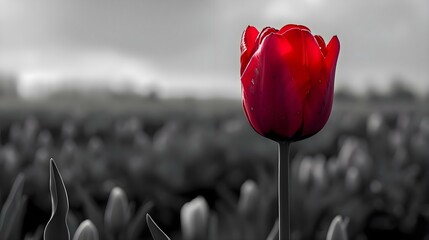 a single red tulip in a black and white field - obrazy, fototapety, plakaty
