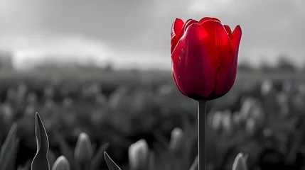 Fotobehang a single red tulip in a black and white field © KWY