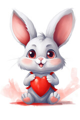 Obraz na płótnie Canvas Postcard. Cute bunny. Red heart. Valentine's Day. Generative AI