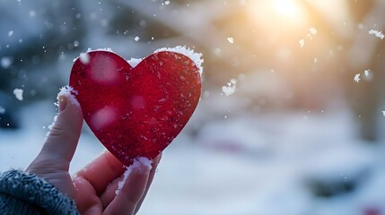 Obraz premium a person holding a red heart in the snow
