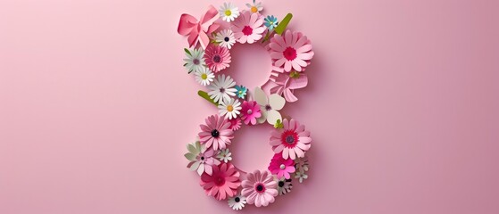Number 8 Crafted with Paper Flowers in Papercut Style on a Pink Background, Creating a Beautiful Flat Lay to Celebrate International Women's Day.