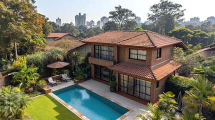 Fototapeta na wymiar Top view Luxurious beautiful modern house with swimming pool and garden