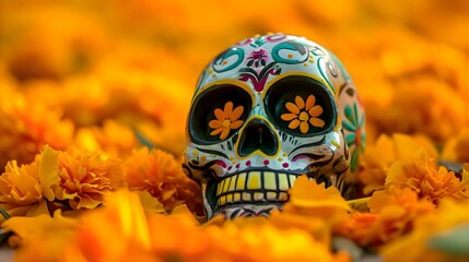 a colorful skull sitting in a field of yellow flowers