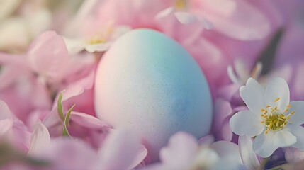 Obraz na płótnie Canvas a blue and white egg sitting on top of pink flowers
