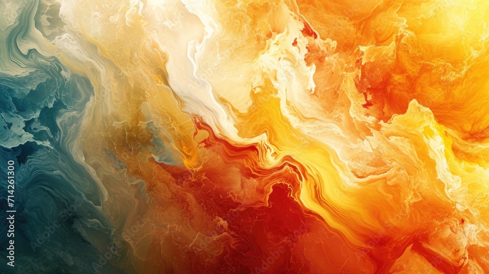 Poster a close-up view of a painting featuring vibrant shades of orange, yellow, and blue. this artwork can
