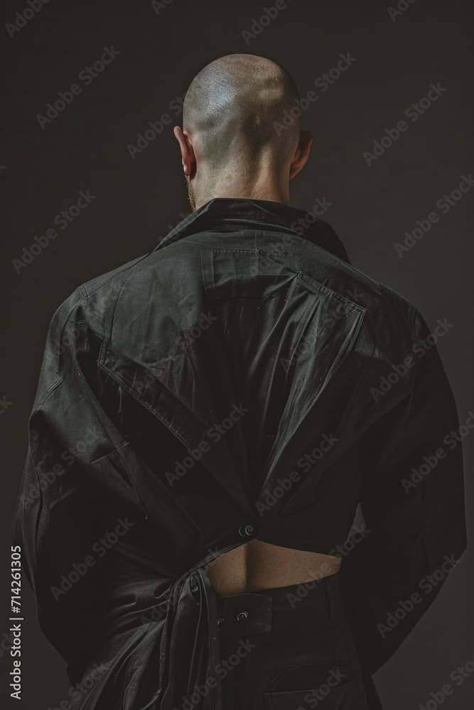 Poster a man wearing a black jacket with his back turned to the camera. suitable for various uses