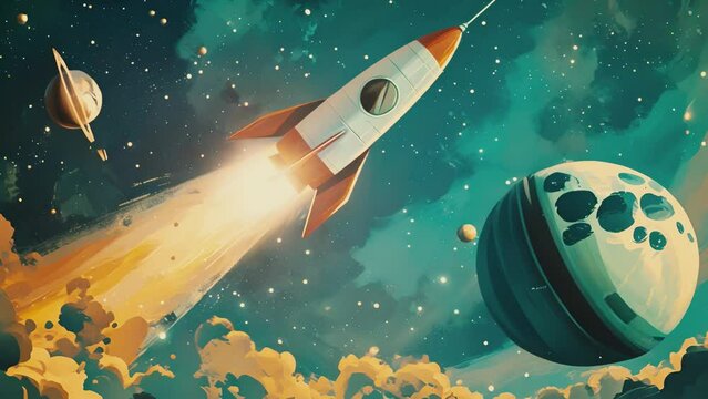 Rocket flying in space, vector animation