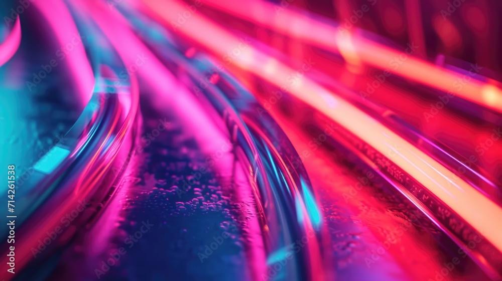 Poster A close up view of a train track with vibrant neon lights. Perfect for adding a modern and dynamic touch to any project