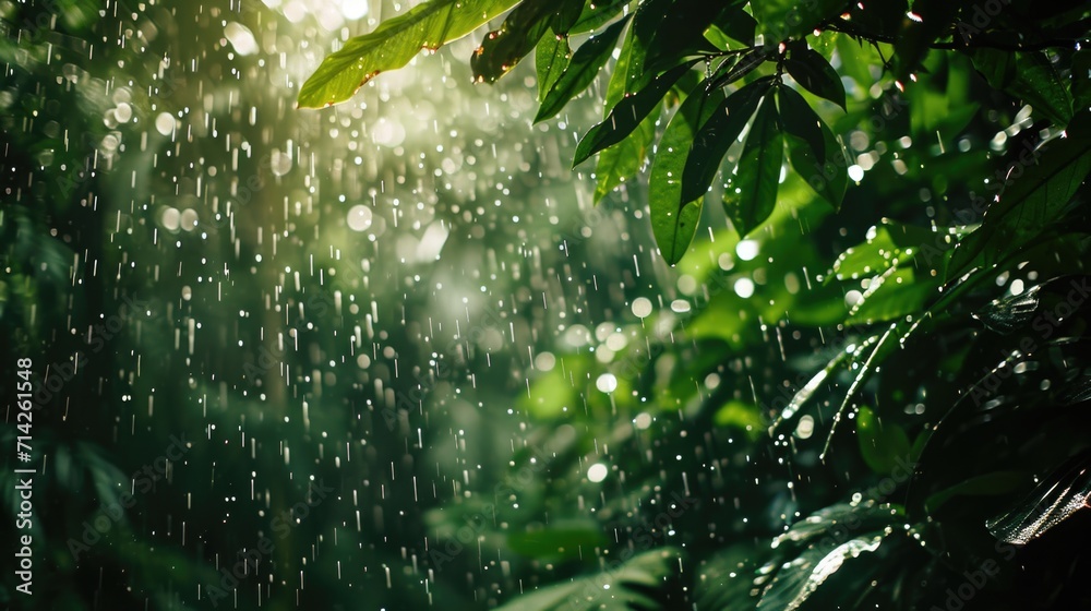 Poster a close up photograph of a leafy tree during a rain shower. perfect for nature and weather-related p