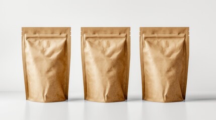 Three brown paper bags sitting next to each other. Can be used for packaging, shopping, or delivery concepts