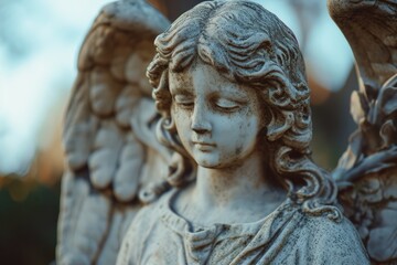 A detailed close-up shot of a beautiful angel statue. Perfect for adding a touch of elegance and serenity to any project