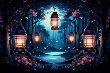 Mystical firefly lanterns, guiding lost souls through the depths of the enchanted forest - Generative AI - obrazy, fototapety, plakaty