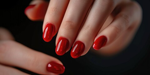 A close-up view of a person's hand with a vibrant red manicure. This image can be used for beauty and fashion related projects