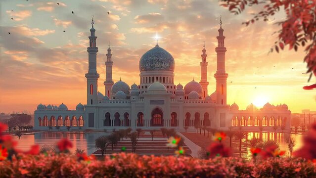 Beautiful evening view of fantasy mosque. Islamic architecture design animation footage video background