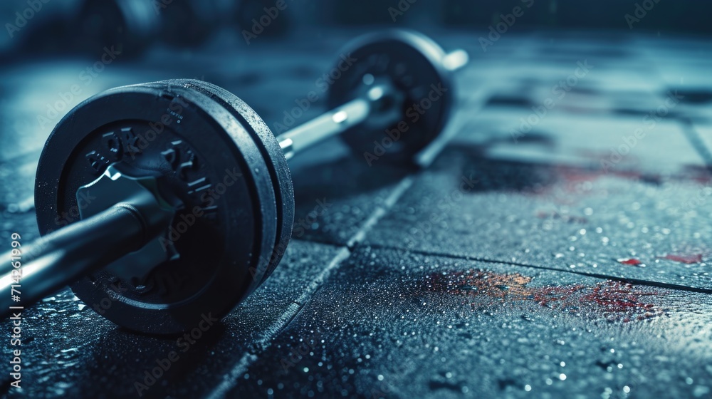Poster a detailed close-up of a barbell resting on a tiled floor. ideal for fitness and exercise concepts