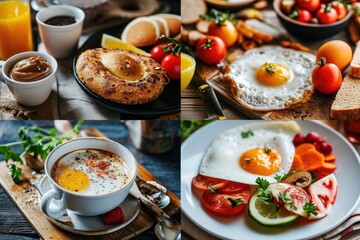 A collection of various breakfast foods displayed on a table. Perfect for illustrating a delicious morning meal or showcasing a breakfast menu.