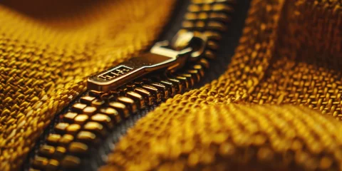 Fotobehang A detailed close-up of a zipper on a sweater. This image can be used to showcase the craftsmanship and design of clothing or to illustrate fashion trends. © Fotograf