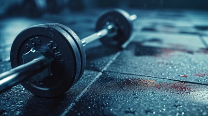 A detailed close-up of a barbell resting on a tiled floor. Ideal for fitness and exercise concepts