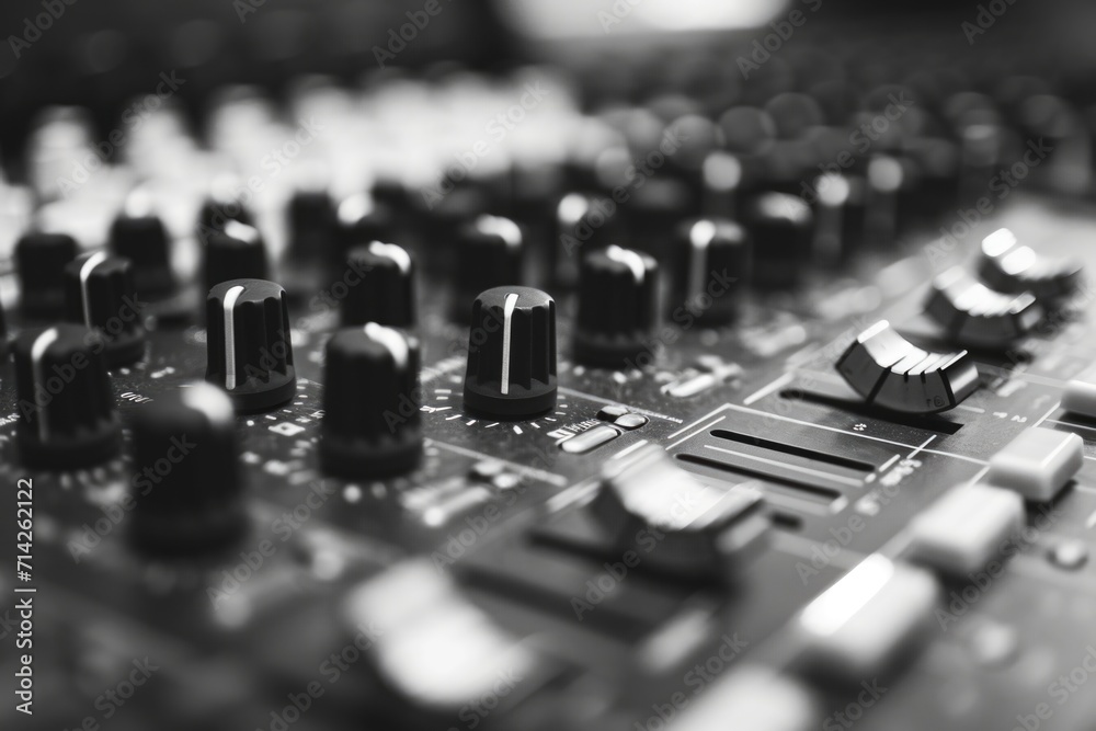Poster A detailed view of the knobs on a mixing board. This image can be used to illustrate sound engineering, music production, or studio recording