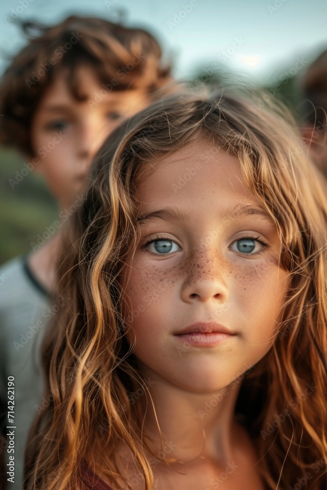 Poster a young girl with freckles looking directly at the camera. suitable for various uses