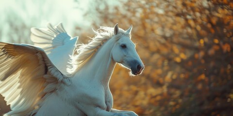 Obraz na płótnie Canvas A majestic white horse with its wings spread out. Perfect for fantasy and mythical-themed projects