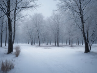 Naklejka premium Snow and snowy wooded forest winter background