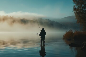 A man standing in the water with a fishing rod. Suitable for outdoor and recreational themes