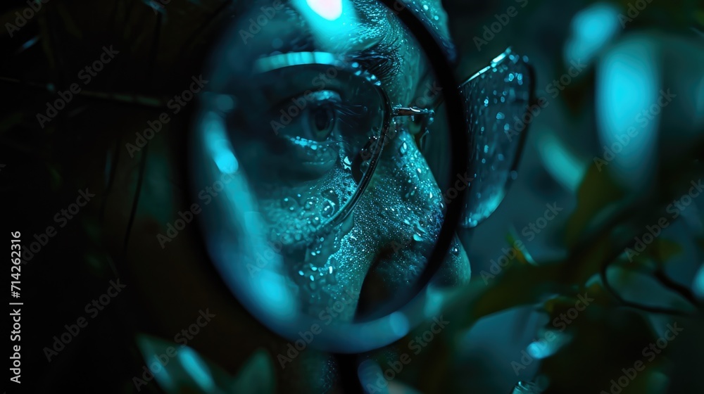 Poster A close up image of a person using a magnifying glass to examine something closely.