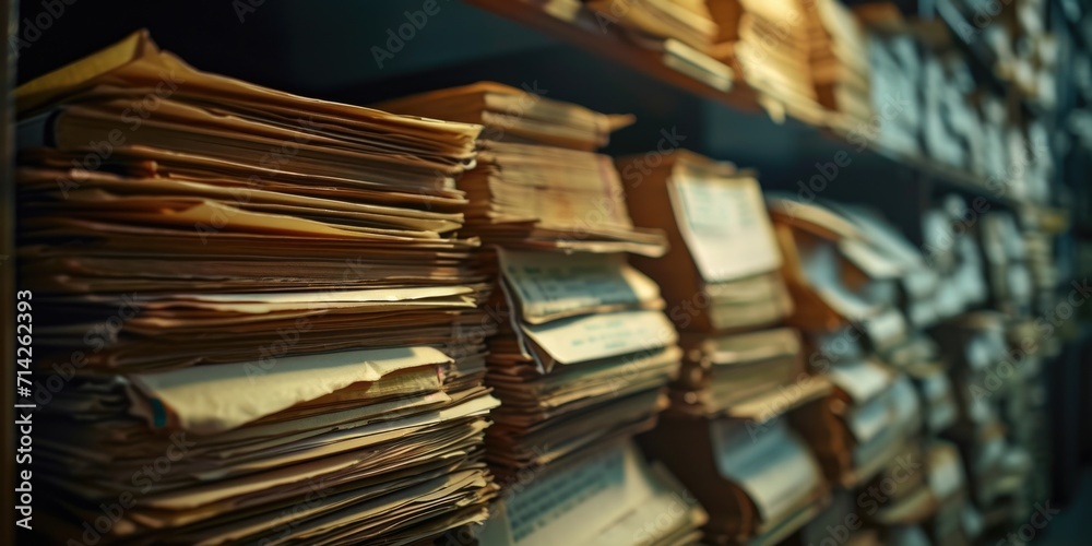 Poster a collection of papers neatly arranged on a shelf. perfect for office, organization, or document-rel