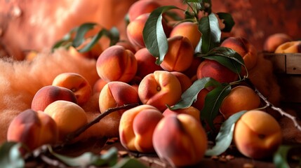 A captivating image of peach branches heavy with fruit, draped elegantly over a backdrop