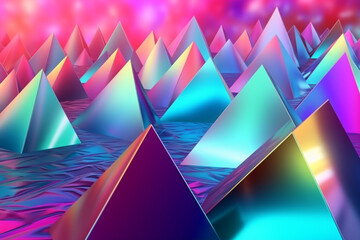 Graphic resources. Abstract holographic triangles vibrant and reflective background surface illustration with copy space. Retro vintage futuristic style