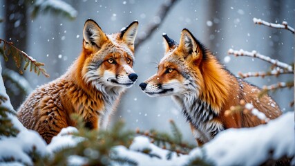 Foxes under the snowy branches