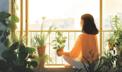 woman looking out to the window with plants on the windowsill