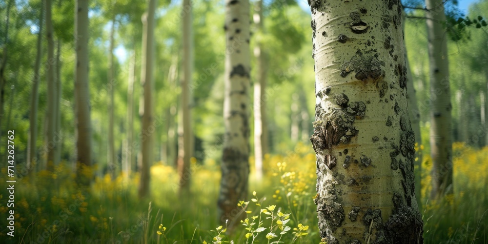 Poster a picturesque grove of birch trees with vibrant yellow flowers in the foreground. perfect for adding