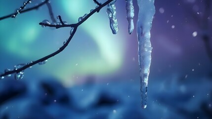 a frozen tree branch with icicles hanging from it