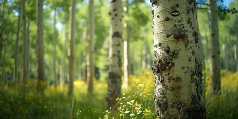 Foto auf Glas A picturesque grove of birch trees with vibrant yellow flowers in the foreground. Perfect for adding a touch of nature and beauty to any project © Fotograf
